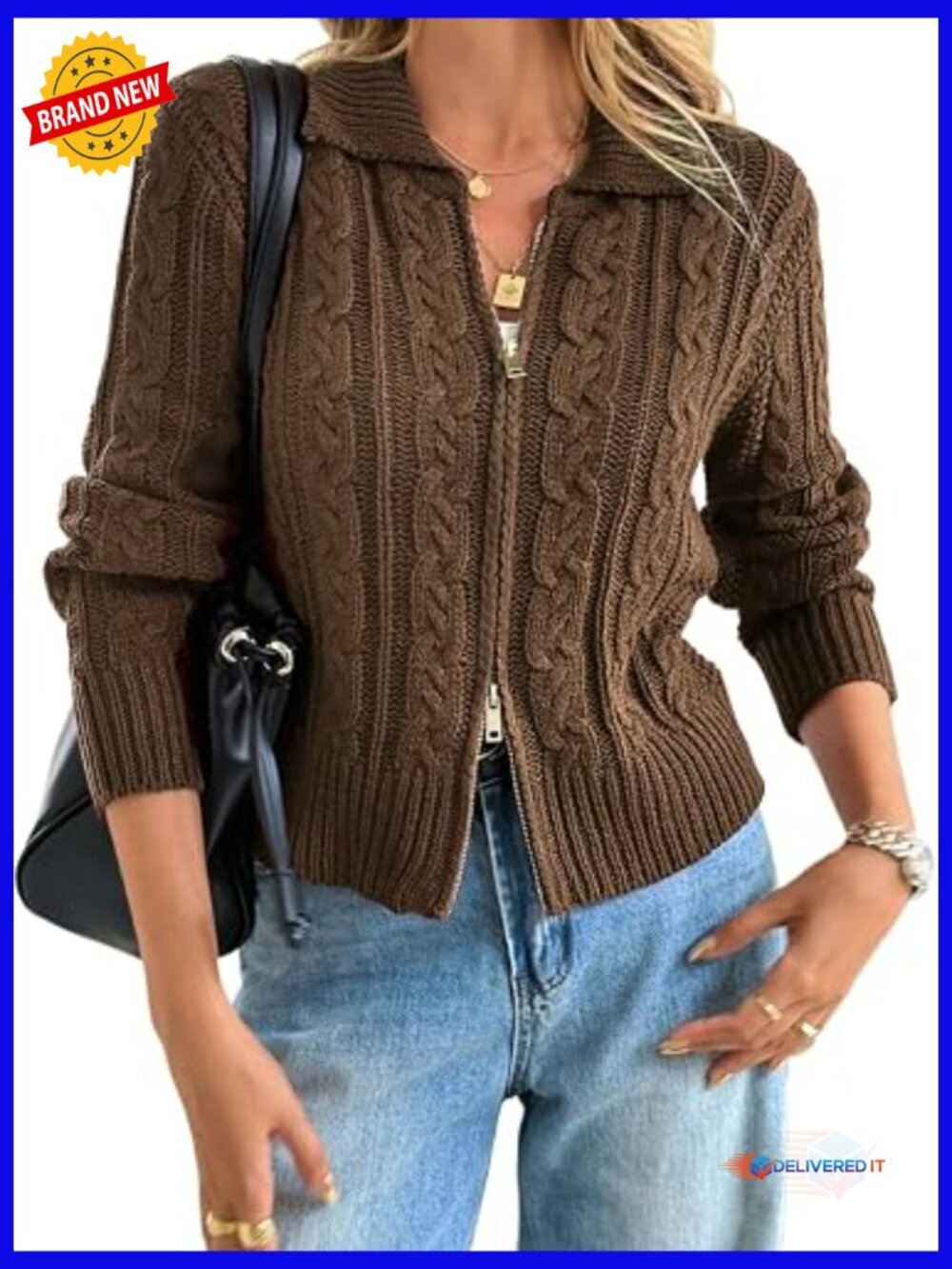 Vintage Chunky Cable Knit Crop Cardigan Zip Up Sweater Jacket Y2k Grunge